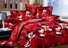 mickey mouse bedding set with red sheets and pillows