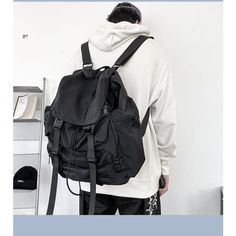 Multi-Pocket Backpack Length Width Height 32 17 39 measurement is cm.Product Information Material: 100% Polyester Color: Black Wash care: Hand Wash, Wipe Clean Women Techwear, Casual Punk, Rucksack Bag, Backpack Brands, Waterproof Backpack, Student Backpacks, Large Backpack, College Student, Men's Backpack