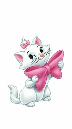 a white cat with a pink bow on its neck