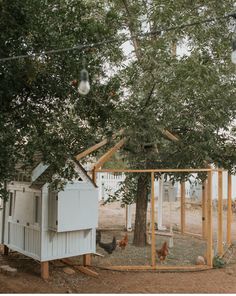 a chicken coop in the middle of a yard with trees and chickens on the other side