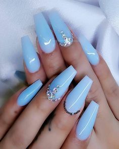 List Of Cute Baby Blue Nail Ideas 2022 inyahead Baby Blue Acrylic Nails, Blue Coffin Nails, Blue Gel Nails, Baby Blue Nails, Blue Acrylic Nails, Nagel Tips, Her Nails, Blue Nail, Ballerina Nails