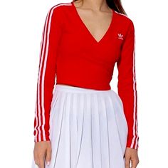 Never Worn University Red Sporty Top For Spring, Sporty University Red Tops For Spring, Red Fitted Adidas Top, Fitted Red Adidas Top, University Red Long Sleeve Tops For Spring, Adidas Crop Top, Adidas Crop, Adidas Tops, Red Adidas