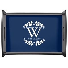 personalized serving tray with the letter w in white on a navy blue background, perfect for monogramming