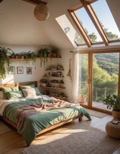 a bedroom with a large bed and lots of plants on the shelves in it's corner