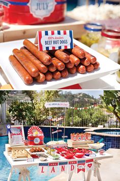 hot dogs and buns are on display at an outdoor party