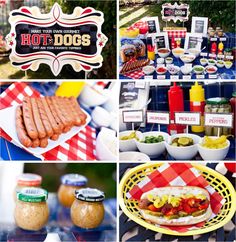 a collage of pictures with hot dogs and condiments