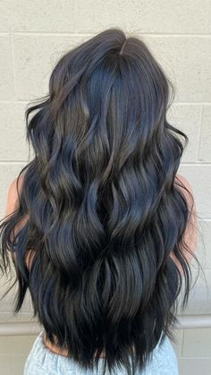 Hair Inspo For Long Black Hair, Black Toned Hair, Black Waist Length Hair, Black Hair With Definition, Hair Ideas For Brunettes Colored, Dark Hair Color Ideas By Hair Pattern, Solid Black Hair Color, Cute Black Hair Dye Ideas, Brunette For Fall 2024