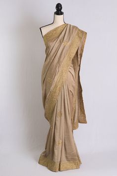 Embroidery Party Wear Saree in Sand Brown and Gold, Partywear Saree Shipped from USA by BengalLooms on Etsy Gold Pre-draped Saree For Reception, Designer Embroidered Gold Pre-draped Saree, Designer Gold Embroidered Pre-draped Saree, Fitted Chanderi Pre-draped Saree With Zari Work, Transitional Katan Silk Pre-draped Saree For Wedding, Elegant Fitted Pre-draped Saree With Zari Weaving, Gold Tussar Silk Pre-draped Saree For Reception, Gold Embroidered Silk Pre-draped Saree, Bollywood Style Pre-draped Saree In Raw Silk