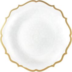 an empty white plate with gold trim