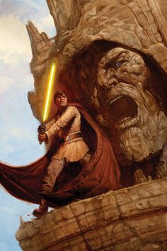 a painting of a man holding a lightsabe in front of a giant head with a light saber