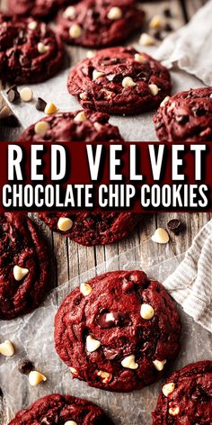 red velvet chocolate chip cookies on top of parchment paper with text overlay that reads, red velvet chocolate chip cookies