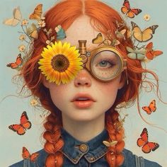 a girl with red hair and glasses is surrounded by butterflies