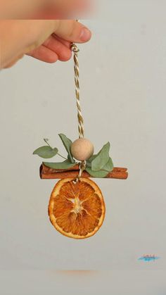 an orange slice hanging from a string with leaves and a ball on it's end