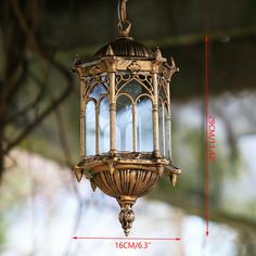 an old fashioned light fixture hanging from a tree