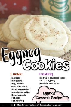 eggnog cookies with eggnog frosting Eggnog Dessert Recipes, Egg Nog Cookies, Egg Nog Cookies Recipe, The Best Christmas Cookies, Eggnog Dessert, Eggnog Cookies, Cookie Christmas, Cake Mix Cookie Recipes, Eggnog Recipe