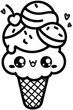 an ice cream sundae with hearts on it's head and eyes, in black and white