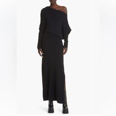 P2p 20" Asymmetrical Sleeves Long Asymmetrical Waist 12"- 16" Elastic Bend Stretchable Length 58" Side Split 15" Hips 18" A One-Shoulder Silhouette Brings Edgy Allure To This Long-Sleeve Sweater-Dress Knit From Supersoft Cashmere Yarn 59" Length (Size X-Small) Slips On Over Head One-Shoulder Neck Long Sleeves Side Slits Unlined 100% Cashmere Dry Clean Or Hand Wash, Dry Flat Imported Modern Black Asymmetrical Evening Dress, Black Asymmetrical Dress For Fall, Chic Black Asymmetrical Dress, Black Asymmetrical Dress For Formal Occasions, Elegant Black Asymmetrical Dress For Fall, Black Fitted Asymmetrical Dress For Fall, Modern Black Asymmetrical Dress With Asymmetrical Neckline, Modern Black Asymmetrical Dress, Knit Dress Black