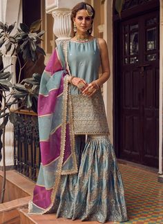 Light Blue Embroidered Gharara Suit – Lashkaraa Jaggo Night, Harry Wedding, Sleeveless Kurta, Gharara Suits, Groom Outfit Ideas, Mog Dresses, Mehndi Dress, Lehenga Designs Simple, Kameez Designs