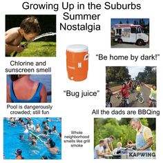 an advertisement for the growing up in the suburbs with pictures of people swimming and riding bikes