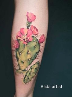 a cactus with pink flowers on it's thigh and the words alda artist above it