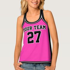 Coordinate your team with this modern sports uniform by JessicaAmber! These sporty sleeveless jerseys feature a classic outline design with bold varsity-style lettering. You can add your team name, team number, and your last name on the back. This shirt has a hot pink and black color scheme, which you can edit in the Personalise screen. Make a set for your squad to win in style!  ••• For more athletic apparel, visit my store Zazzle.com/JessicaAmberArtist ••• For custom orders, message me on Zazz Sporty College Jersey With Name Print, Team-colored Basketball Jersey With Team Name, Collegiate Basketball Jersey With Team Name, Varsity Basketball Jersey In Team Colors, Varsity Jersey With Team Logo For Sports Events, Varsity Sports Jersey With Team Logo, Varsity Basketball Jersey For Sports Season, College Baseball Jersey With Team Name, College Team Spirit Jersey With Team Logo