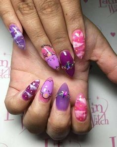 Lumpy Space Princess Nails, Steven Universe Nails Art, Adventure Time Nail Art, Steven Universe Nails, Bisexual Nails, Almond Summer Nails 2023, Adventure Time Nails, Nerdy Nails, Almond Summer Nails