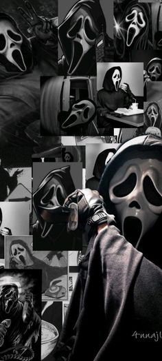 a person wearing a mask in front of a collage of images