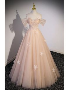 10% off now! beautiful off shoulder long tulle prom dress with flowers online. Sheprom offers formal, party, casual & more style dresses to fit your special occasions. Prom Dresses Pastel Pink, Pastel Princess Dress, Pink Ballgown Prom Dress, Pastel Prom Dress Long, Pink Prom Dress With Sleeves, Japanese Prom Dress, Fancy Outfits Dresses, Prom Dresses Pastel, Prom Dresses Fluffy