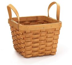 a wooden basket with handles is shown on a white background