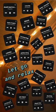 the words let go and relax are arranged in black letters on a brown background with white lettering