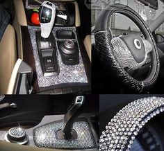 the interior of a car is decorated with swaroons and cell phone holders,