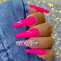 Nail Length And Shape, Press On Nails Application, Pink Bling Nails, Nail Options, Nails Application, Hot Pink Nails, Nails Press, Nails Design With Rhinestones, Coffin Press On Nails