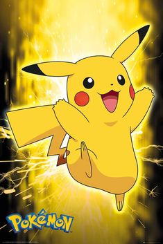 the pikachu is flying through the air with his arms out and eyes wide open