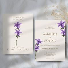 two wedding cards with purple flowers on them