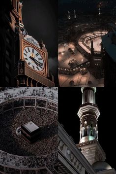 a collage of photos with a clock tower in the middle