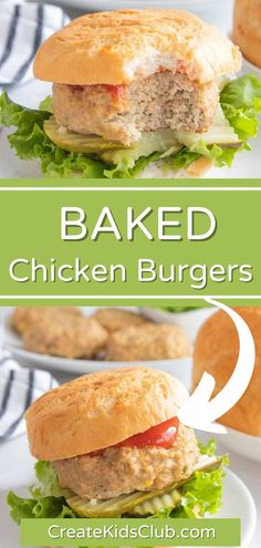 two pictures showing how to make baked chicken burgers with lettuce and tomato