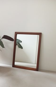 a mirror sitting on top of a table next to a potted plant