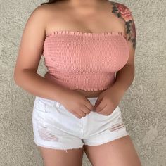 Smocked Pink Tube Top White Casual Tube Top With Smocked Bodice, Casual White Tube Top With Smocked Bodice, Casual Smocked Bodice Tube Top For Day Out, Pink Tube Top, Black Tube Top, Cheerleader Costume, Turtle Neck Crop Top, Yellow Crop Top, Black Tube