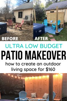 an outdoor patio makeover with chairs and lights