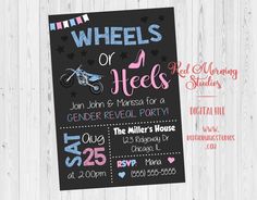 a chalkboard poster with the words wheels or heels written in pink and blue on it