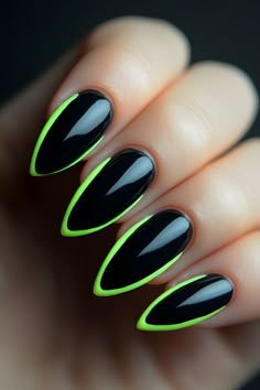 Go bold with black nails and neon green French tips! These striking nails are perfect for making a statement. Check out our blog on Top 10 Must Have Nail Tools from Temu. Cool Nail Inspo | Nails Simple | Nails Square Short | Fall Nails | Minimalist Nails | Nails Classy | Elegant Nails | Nails Back to School | Autumn Nails | Nails Tips | Nails Easy | Nude Nails | Nails Neutral | Nails Gel | Nails Inspo 2024 | Nails Acrylic Summer 2024 | Nails Trending Now 2024. Made by AI. Neon Nails Halloween, James Bond Nails, Black With Green Nails, Black Green Nail Designs, Black With Neon Nails, Black Minimalist, Neon Black Nails, Green An Black Nails, Neon Fall Nails