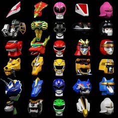 a bunch of different types of helmets on a black background