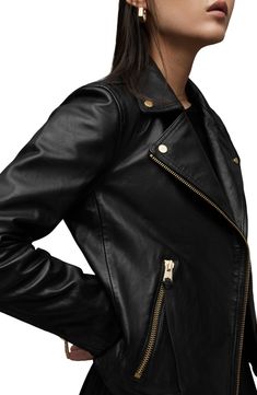 Smooth, rich leather secures the style-staple status of this biker jacket in a classic silhouette with all the timeless moto details. Asymmetric zip closure Notched lapels Zip cuffs Front zip pockets Lined Leather Professional leather clean Imported Allsaints Fitted Leather Biker Jacket, Fitted Allsaints Leather Biker Jacket, Allsaints Fitted Leather Outerwear, Allsaints Fitted Biker Jacket For Winter, Fitted Allsaints Biker Jacket For Fall, Allsaints Fitted Leather Jacket For Winter, Allsaints Fitted Leather Jacket For Fall, Allsaints Biker Leather Jacket, Allsaints Long Sleeve Biker Leather Jacket