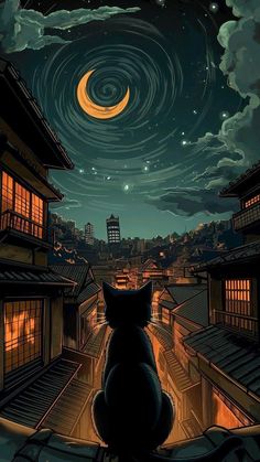 a black cat sitting on top of a roof looking at the night sky and stars