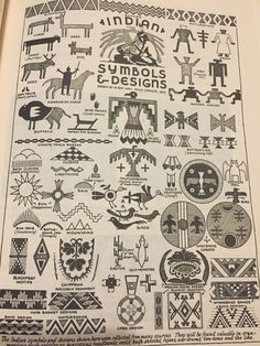 an old book with native american symbols and designs on the pages, all in black and white