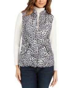 MSRP $70 Charter Club Animal-Print Quilted Vest White Size Medium Please note all of our inventory is sourced from department stores and similar retailers and is a store overstock or customer returned item.  Items are listed as "Like New" or "Used" to preserve the integrity of "Brand New" listings.  Most items are still brand new with the tags still attached or in otherwise unused condition! After inspection any known condition notes will be placed in the item title or in notes "About this item" Animal Print Quilt, Stand Collar Vest, Animal Print Vests, Collar Vest, Plus Size Designers, Big Clothes, Vest White, Quilted Vest, Printed Quilt