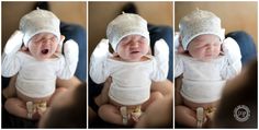 three pictures of a baby wearing a white hat and holding it's mouth open