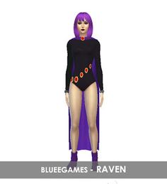 a woman in a purple cape and bodysuit with the words blue games raven on it