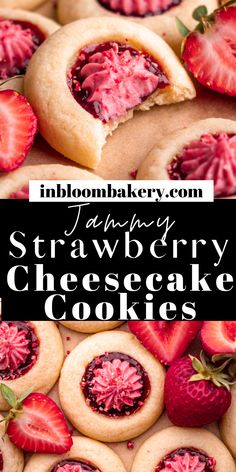 strawberry cheesecake cookies with strawberries cut in half and stacked on top of each other