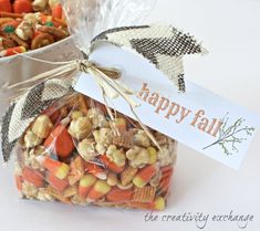 a bag filled with candy corn and nuts